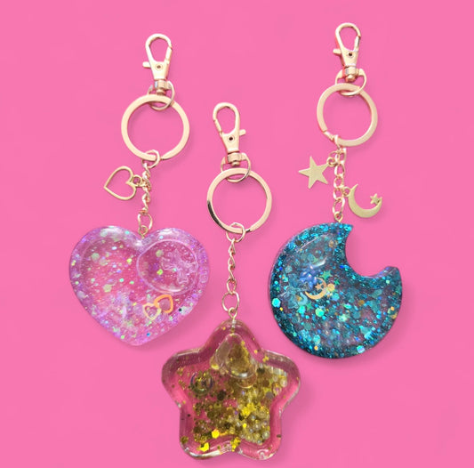 Celestial Glitter Resin Keychains Shakers – Heart, Star & Moon
