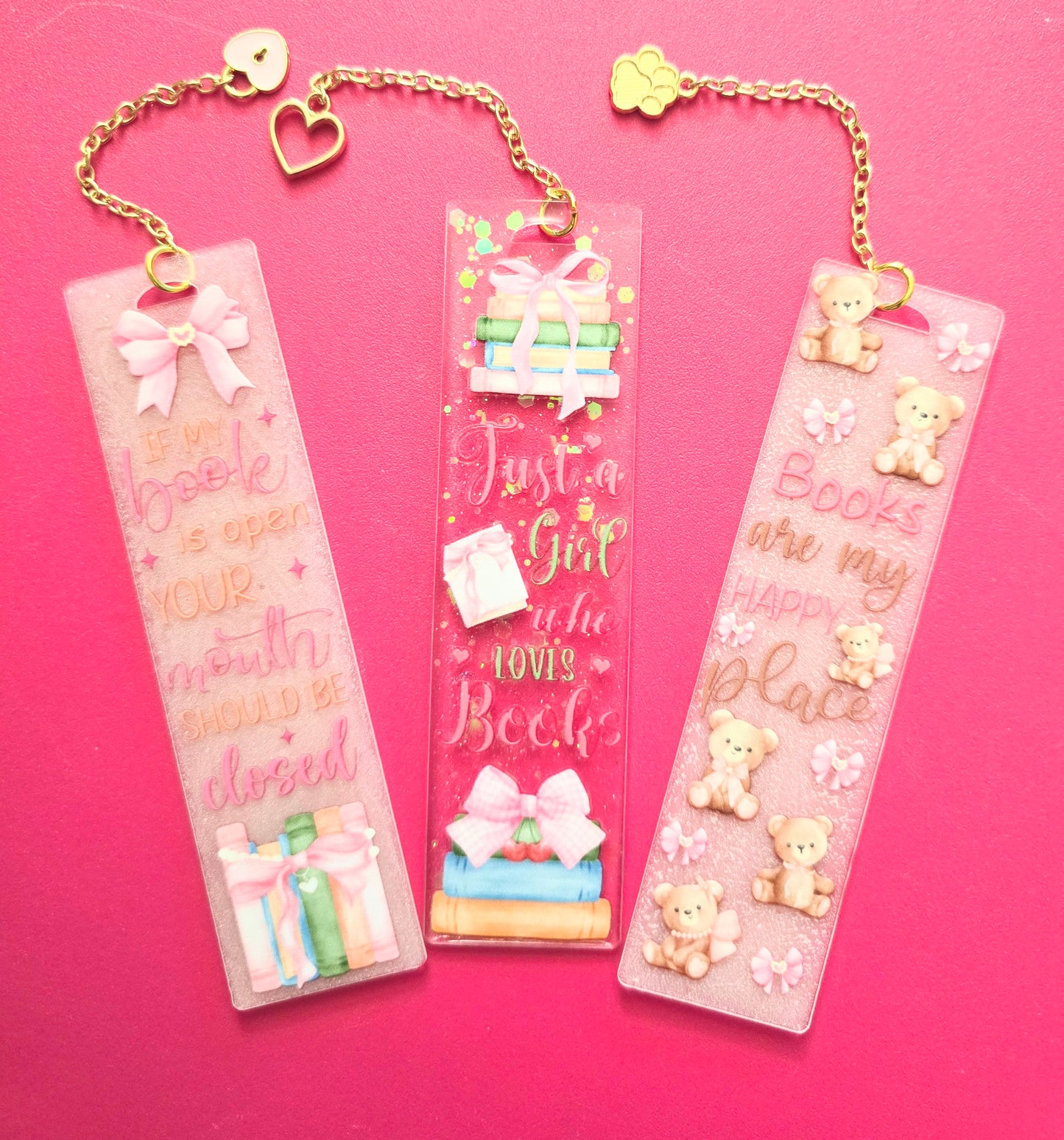 Resin Bookmarks with Gold Chain Charms